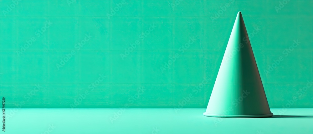 Poster a simple green cone shape on a textured teal background, creating a minimalist and modern aesthetic.