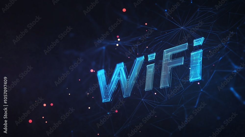 Poster wifi signal icon in low poly wireframe with glowing particles on dark blue background, emphasizing c