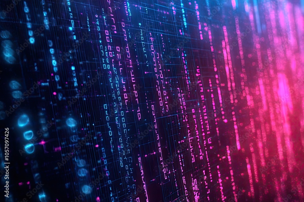 Poster abstract digital background with vibrant neon colors and flowing data patterns, perfect for tech and