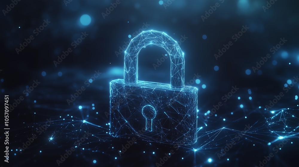 Poster secure padlock icon in low poly wireframe design with glowing particles on dark blue background, hig