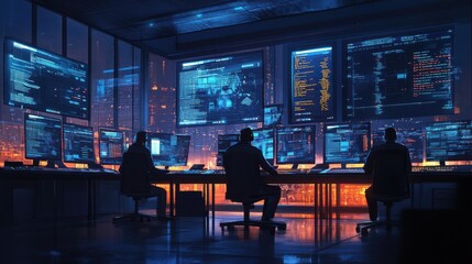 Dynamic scene of cybersecurity experts monitoring data on multiple screens, showcasing real-time analysis and threat detection.