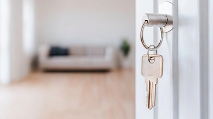 A cozy apartment entrance with a house key hanging invitingly on the door handle against a softly blurred interior backdrop