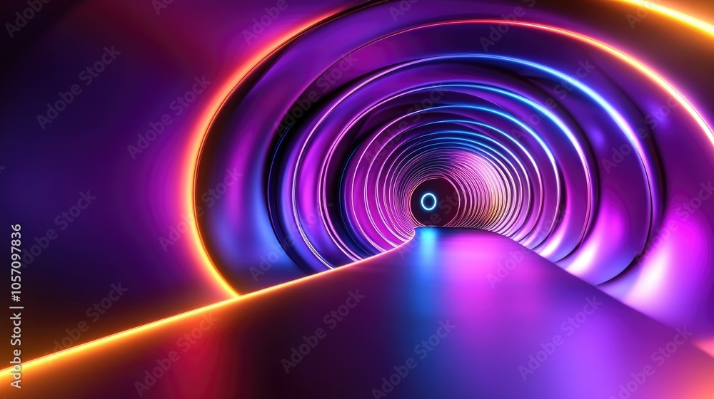 Poster 3d rendering featuring luminous curving lines and a neon circle set against an abstract psychedelic 