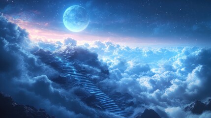 Obraz premium Dynamic spiral staircase ascending into the clouds, representing the journey of life and the concept of infinite paths.