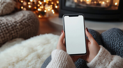 Mockup woman's hand holding using smart phone with white blank screen at Christmas light background, mobile app design and advertising, online marketing