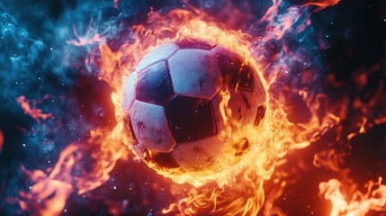 Fototapeta premium Soccer ball in a fiery flame on a black background 