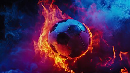 Fototapeta premium Soccer ball in a fiery flame on a black background 