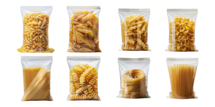 Assorted Dried Pasta in Clear Plastic Bags, set collection, mega bundle, isolated on transparent background