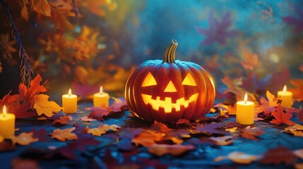 A cheerful pumpkin sits on a table surrounded by leaves and candles