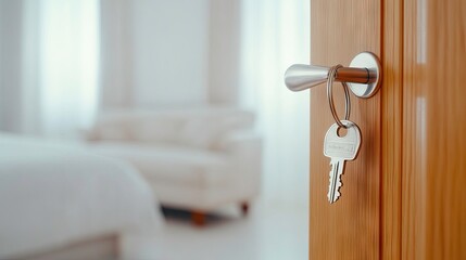 Obraz premium A cozy apartment entrance with a house key hanging invitingly on the door handle against a softly blurred interior backdrop