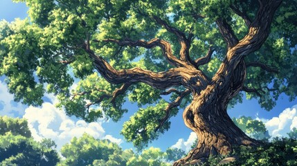 A large, old tree with thick branches reaching up towards the sky. The tree is surrounded by lush green foliage and the sky is a bright blue with white clouds.