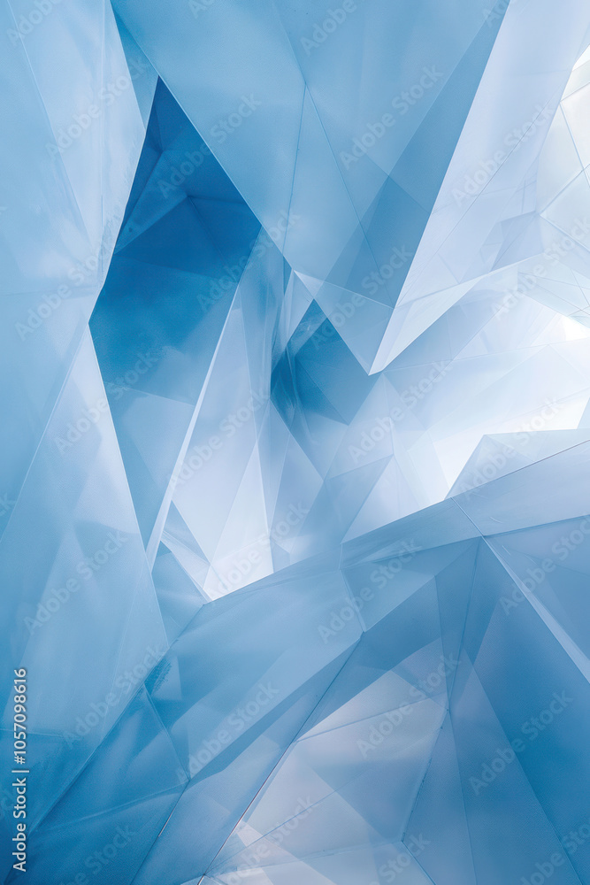 Poster vertical abstract geometric shapes against an angular blue gradient background.