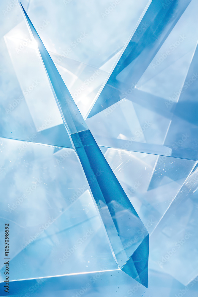 Poster vertical abstract geometric shapes against an angular blue gradient background.