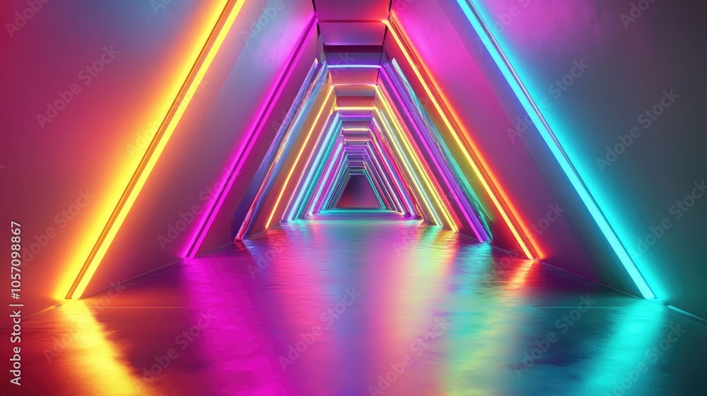 Poster a colorful hallway featuring illuminated neon triangle patterns that produce a futuristic tunnel ill