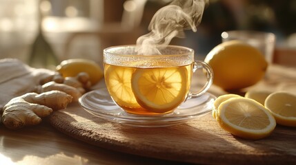 Ginger tea steaming in a clear cup, with slices of ginger and lemon arranged on a rustic table for a cozy atmosphere.