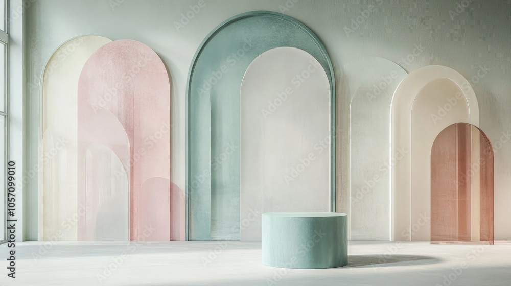 Poster 3d rendering of an abstract geometric background featuring a pastel colored art deco display fashion