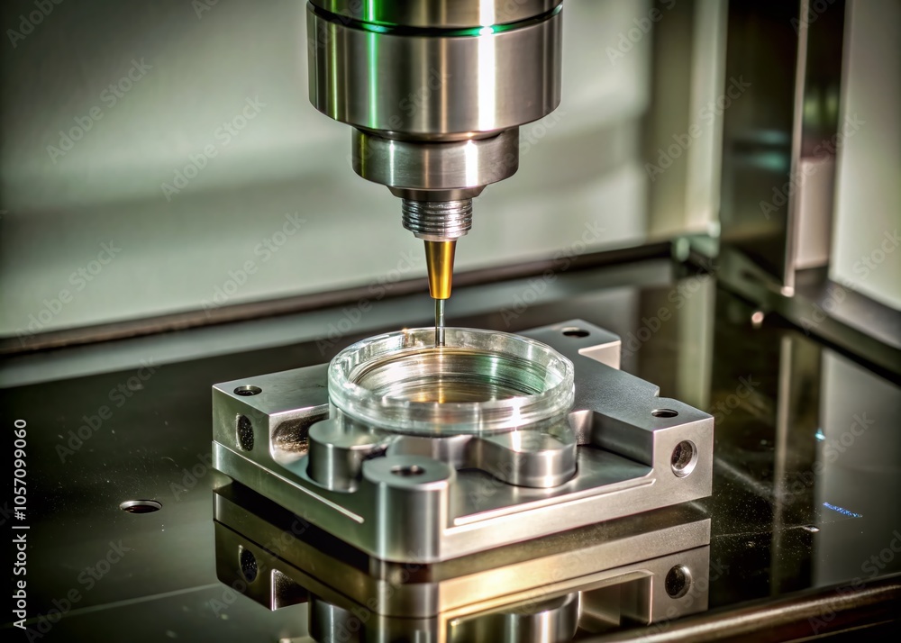 Poster high precision cmm coordinate measuring machine with contact probe measuring aluminium sample on gla