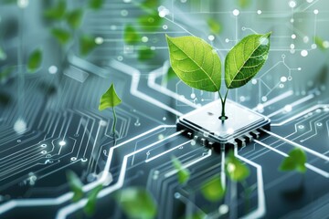 A microchip with green leaves symbolizes the fusion of technology and nature, showcasing sustainability and innovation.
