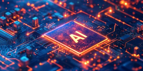 Abstract futuristic digital technology background with glowing hologram text "AI" and logo of an AI chip on a circuit board