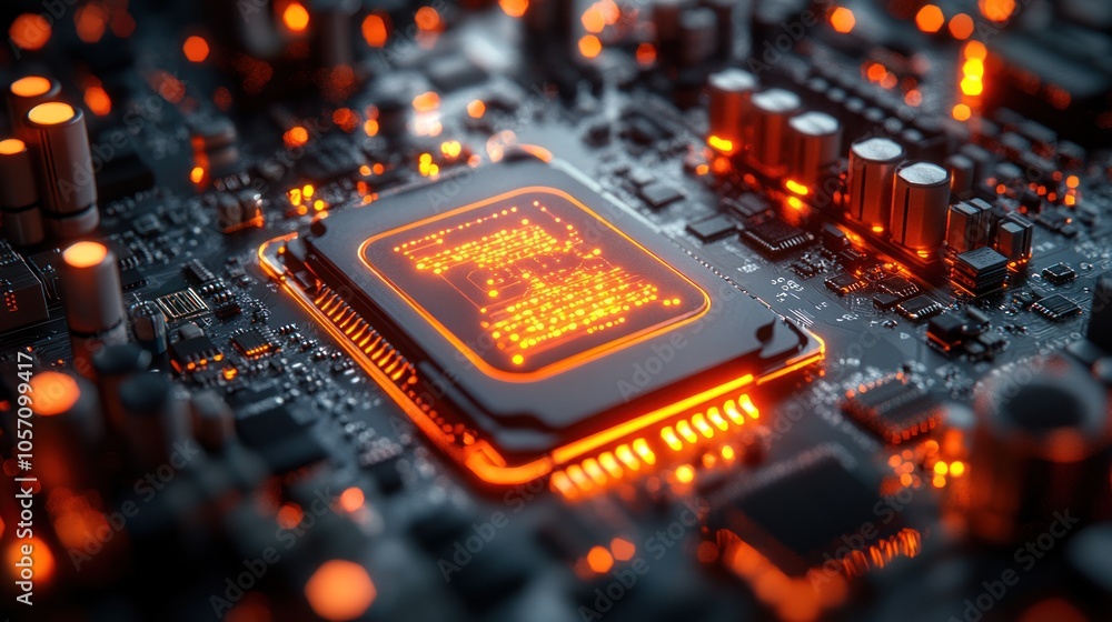 Poster close-up of a glowing microprocessor on a circuit board.