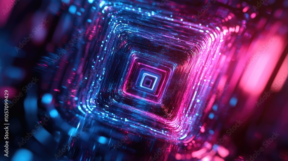 Poster 3d render of a glowing tunnel featuring neon lights an abstract background and a square portal showc