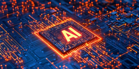 Abstract futuristic digital technology background with glowing hologram text "AI" and logo of an AI chip on a circuit board
