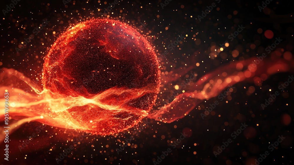 Poster abstract red energy sphere composed of particles and luminous waves set against a dark backdrop