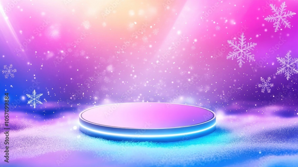 Poster abstract surreal scene featuring a circular podium surrounded by snowflakes on a diagonal gradient o