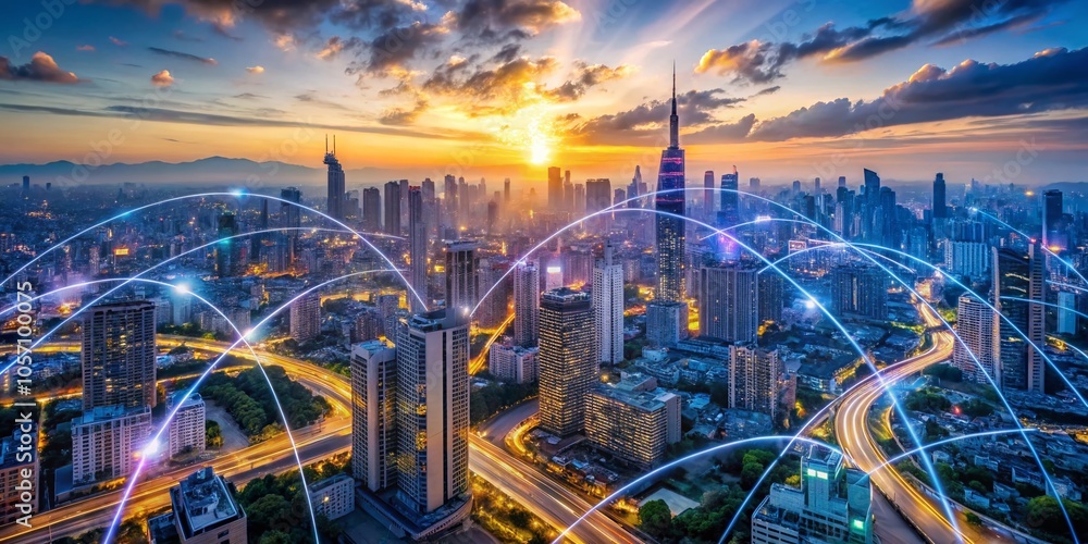 Aufkleber high-speed internet provider aerial view with network infrastructure and connectivity elements