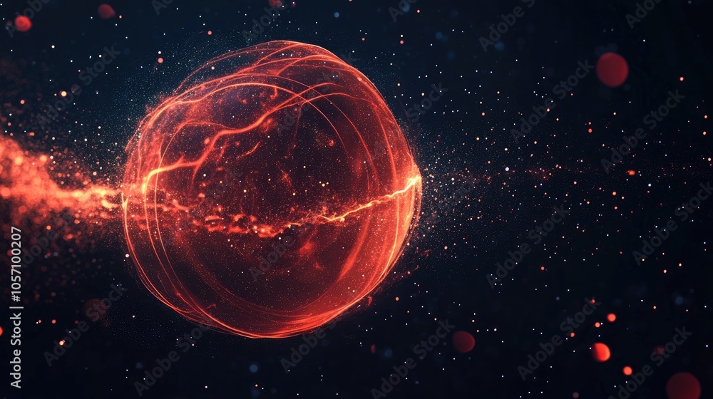 Poster abstract red energy sphere composed of particles and luminous waves set against a dark backdrop
