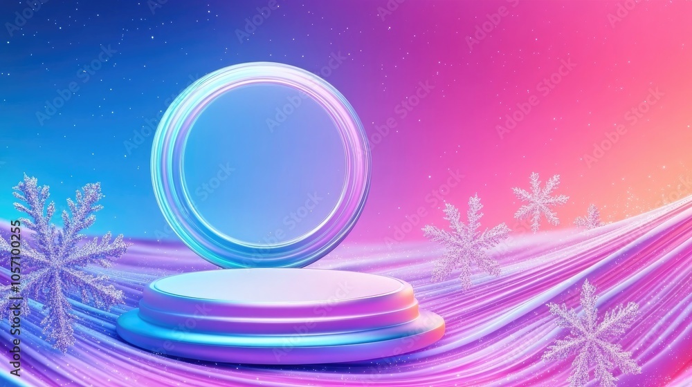 Aufkleber abstract surreal scene featuring a circular podium surrounded by snowflakes on a diagonal gradient o