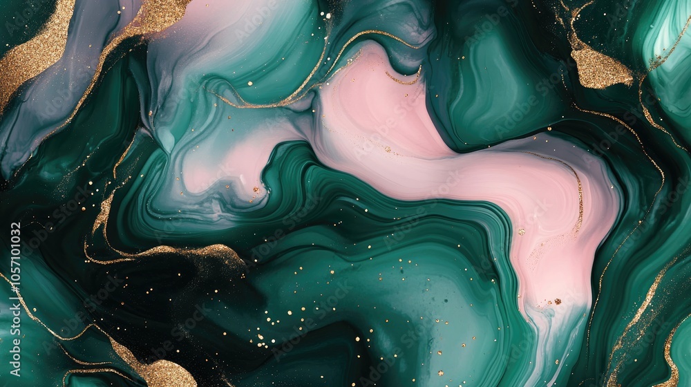 Poster abstract marble texture featuring fluid ink in green and pink swirls with gold splashes creating a l