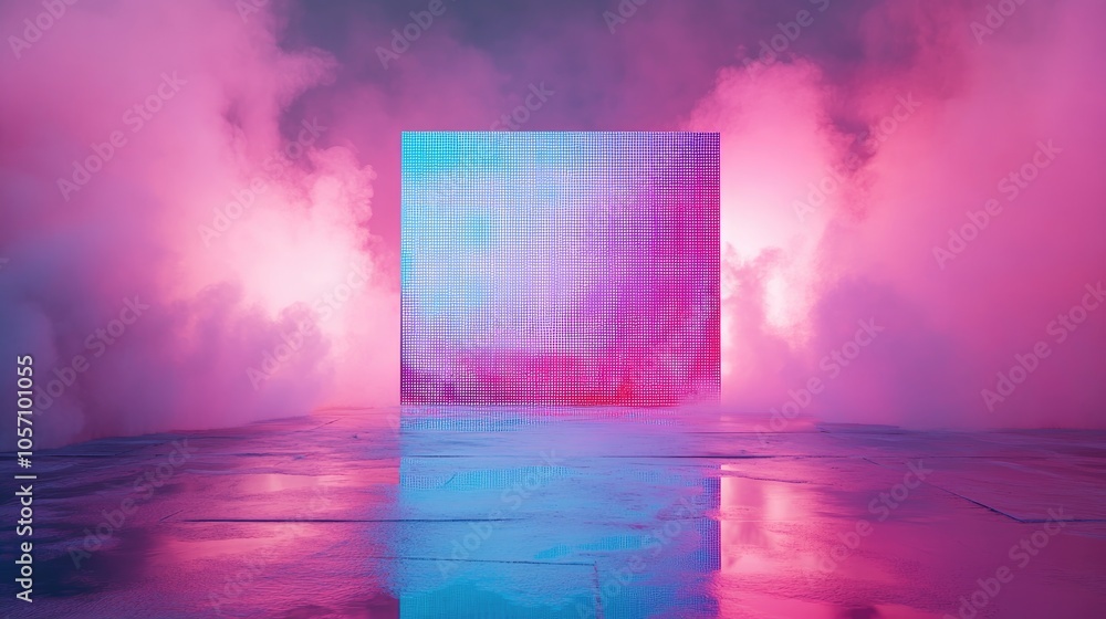 Poster 3d render of an abstract background featuring a square screen with pixel details neon lights and ult
