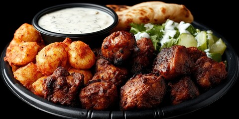 Fototapeta premium Delicious Indian Food Platter with Chicken Tikka Potato Naan and Yogurt Dip
