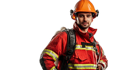 Fototapeta premium Daring firefighter in full gear, a portrait of courage, service, and protection in fire emergencies, ensuring safety