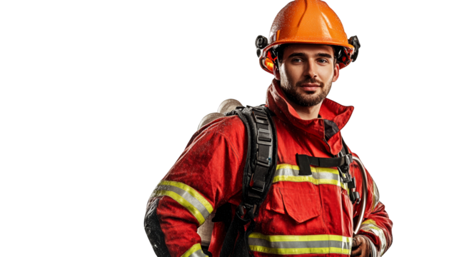 Daring firefighter in full gear, a portrait of courage, service, and protection in fire emergencies, ensuring safety