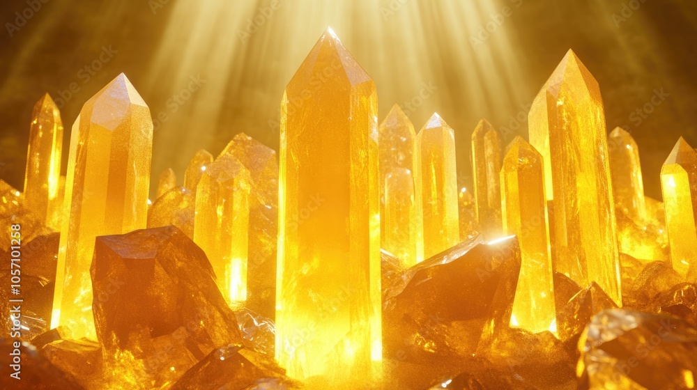 Poster 3d rendering featuring a yellow crystal backdrop illuminated by reflections of golden light