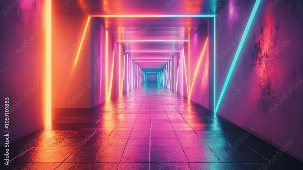 Poster a colorful hallway featuring illuminated neon triangle patterns that produce a futuristic tunnel ill