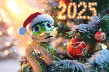 A cartoon snake in a Santa Claus hat on the background of a Christmas tree. The symbol of the New Year 2025. Happy New Year and Merry Christmas card