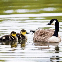 Obraz premium Baby Ducklings and Canadian Geese Swimming Together