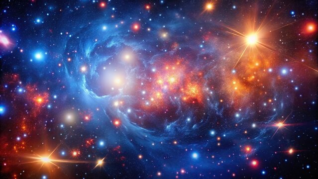 Galaxy clusters with bright stars and glowing gas clouds amidst a vast expanse of dark blue space against a vibrant reddish hue, space background, astronomy, galaxy formations, galaxy clusters, redd