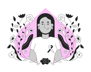 Middle eastern woman promoting breast cancer awareness black and white 2D illustration concept. Mammogram campaign. Turkish female with ribbon outline character isolated. Metaphor monochrome vector