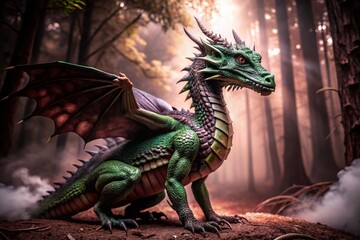 Fototapeta premium In the twilight forest, a small green dragon with multiple legs glimmers softly, its mysterious eyes watching, blending seamlessly into the shadows