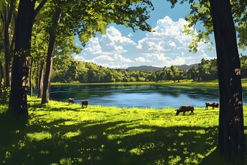 Obraz premium Pastoral Lake Scene with Cows Grazing in a Sunlit Meadow