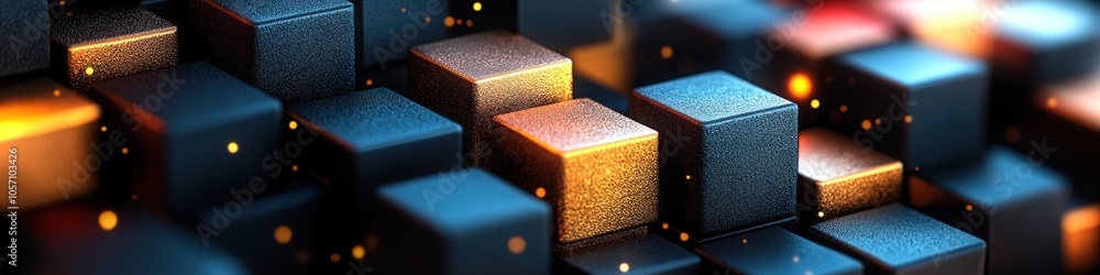 Poster abstract arrangement of glowing cubes with a textured surface.