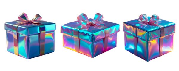 3D chrome element in Y2K style, isolated background, liquid holographic metal. Three boxes of different sizes with a bow on top, shiny, metallic appearance.