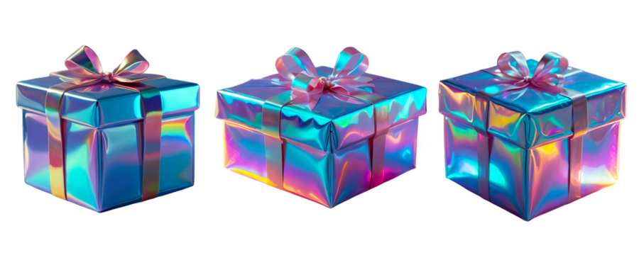 3D chrome element in Y2K style, isolated background, liquid holographic metal. Three boxes of different sizes with a bow on top, shiny, metallic appearance.