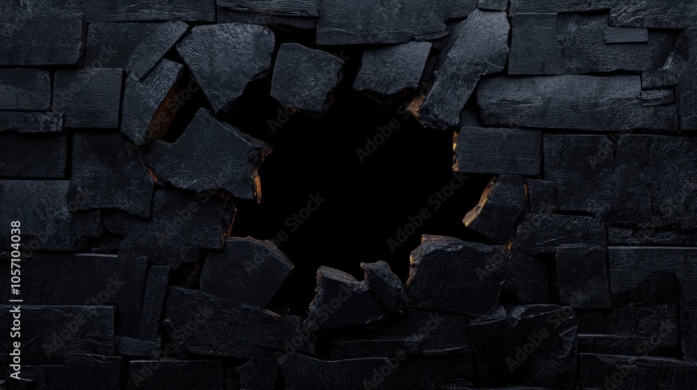 Poster 3d render of an abstract black brick wall with a break featuring an isolated hole in the design