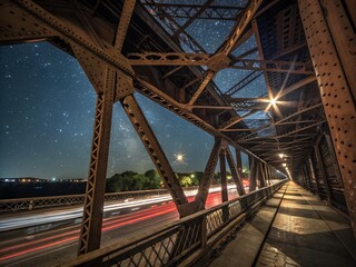 Fototapeta premium Inner Details of a Majestic Iron Bridge at Night - Captivating Night Photography of Architectural Structure