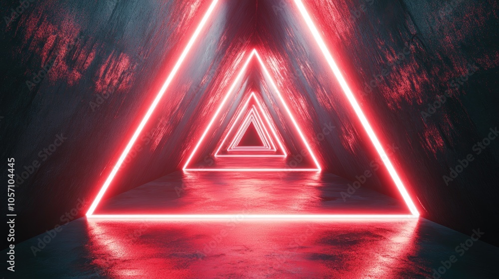 Poster 3d illustration featuring red neon lights within a triangular tunnel creating an abstract geometric 